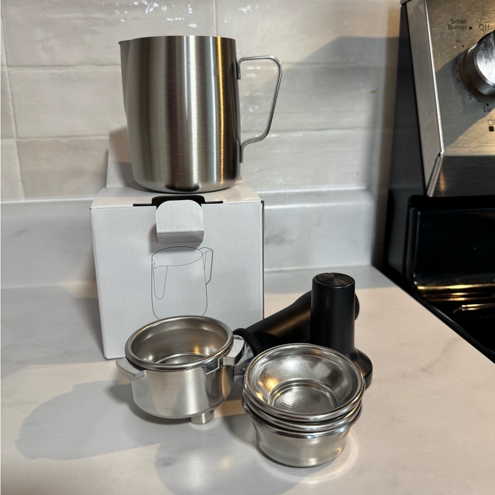 Stainless Steel Milk Frothing Pitcher and Espresso Portafilter set